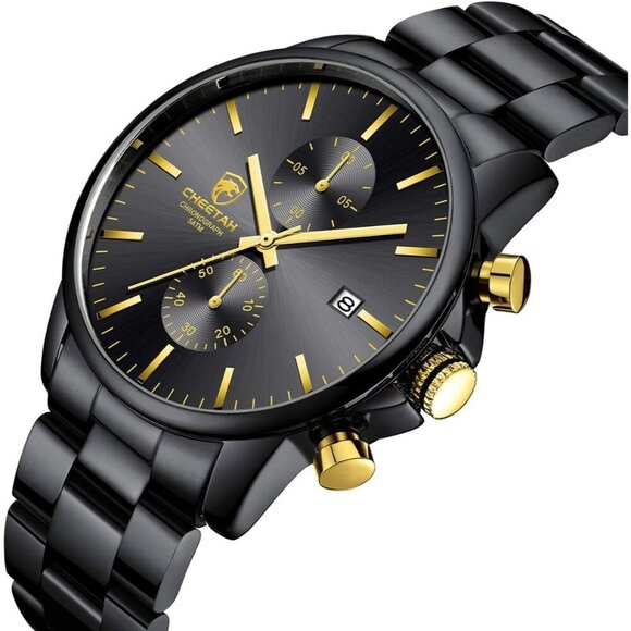 GOLDEN HOUR Men's Black Stainless Steel Chronograph Watch Waterproof Auto Date - Picture 2 of 8